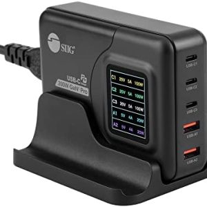 SIIG 200W USB C Wall Charger, 5-Port Fast Charging GaN with LCD Display, PD/QC, Compatible with MacBook Pro/Air, iPad, iPhone 15 Pro Max, Galaxy Note, Google Pixel, (AC-PW1Y11-S1)