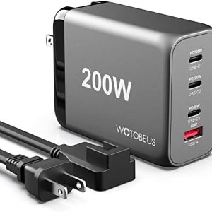 WOTOBEUS 200W USB C GaN Wall Charger & AC Cable-Multiport Power Adapter-PD100W PPS45W Super Fast Charging Station for iPhone 15 14 Max iPad MacBook Pro Air Samsung Galaxy S24/23 Pixel Type-C Laptop